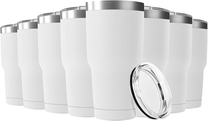 30oz Stainless Steel Travel Mug with Lid, 8 Pack Double Wall Vacuum Insulated Bulk Tumbler, Powder Coated Coffee Cup Suitable for Vehicle Cup Holders(White) - Bloomnest