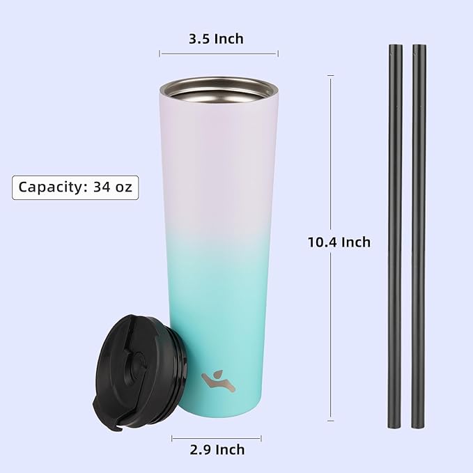 34 OZ Insulated Tumbler with Lid and 2 Straws Stainless Steel Water Bottle Vacuum Travel Mug Coffee Cup,Lavender Green - Bloomnest