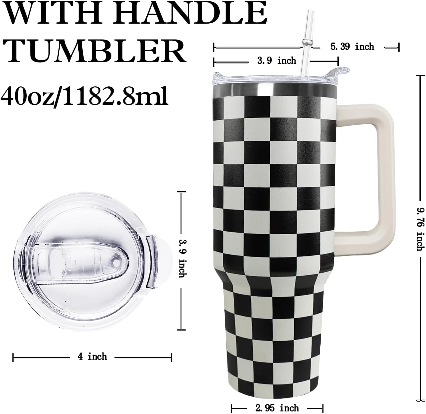 Ceovfoi Black and white Checkered Tumbler with Handle Lid and Straw,40 Oz Checkered Tumbler Water Bottle Travel Coffee Cup Mug,Checkered Gifts for Women Men