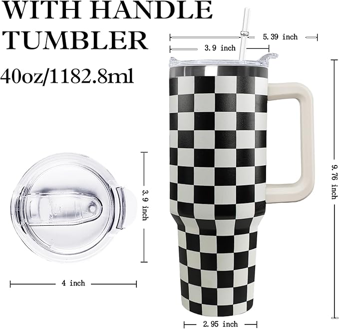 Ceovfoi Black and white Checkered Tumbler with Handle Lid and Straw,40 Oz Checkered Tumbler Water Bottle Travel Coffee Cup Mug,Checkered Gifts for Women Men - Bloomnest