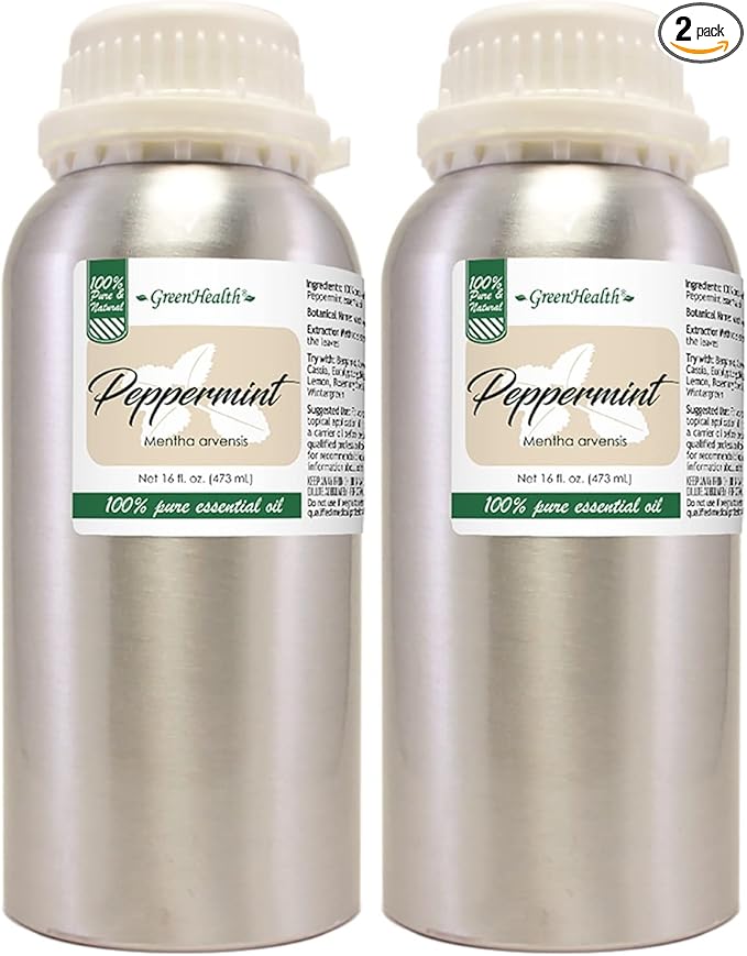 GreenHealth Peppermint Essential Oil – 2 Pack (16 fl oz Each) – 100% Pure & Uncut – Strong Menthol Scent – Aluminum Bottles for Diffusers, Cleaning, DIY Use - Bloomnest
