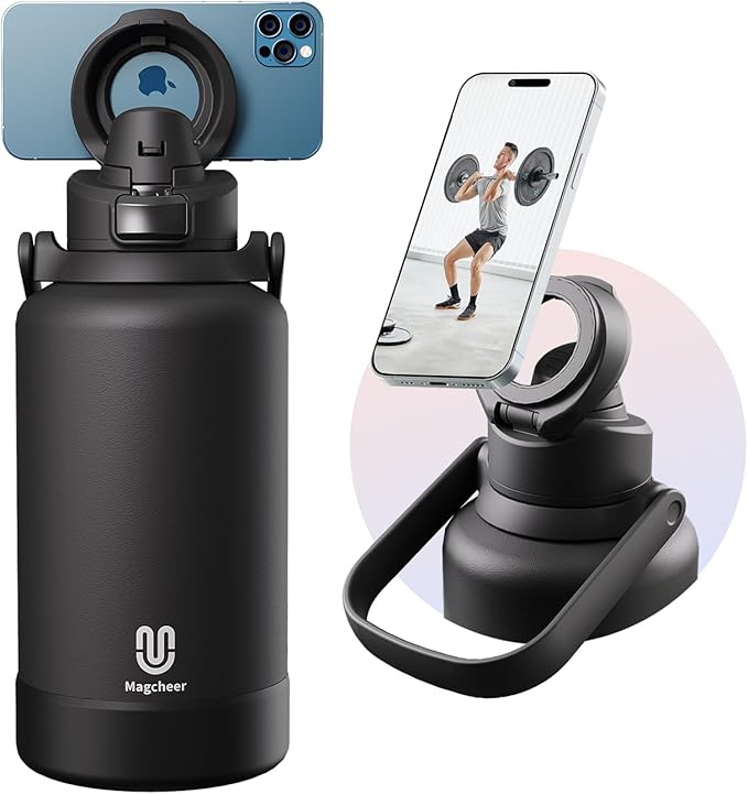 64oz Insulated Magnetic Water Bottle - Stainless Steel Vacuum Flask with MagSafe Compatible Phone Holder Keeps Drinks Cold for 24 Hours Water Jug for Gym and Outdoor Activities（Balck) Magcheer