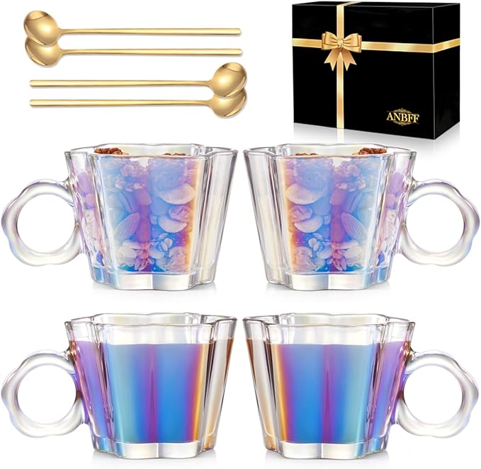 Vintage Iridescent Glass Coffee Mugs Set of 4, 11oz Creative Flower Glass Coffee Cups with Spoons - Cute Floral Tea Cups with Handle, Art Glassware, Unique Gifts for Women - Bloomnest