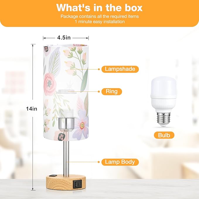 Fenmzee Floral Touch Lamp for Bedroom- 3 Way Dimmable Bedside Lamp USB C A Charging Ports and AC Outlet, Small Table Lamp Floral Linen Lampshade for Gift, LED Bulb Included - Bloomnest