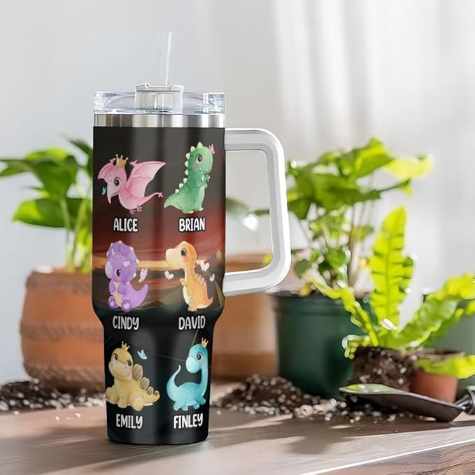 Personalized Dinosaur Dad Tumbler with Handle and Straw, Custom Cute Dino Kids’ Names and Claw Mark Design, Funny Father’s Day Gift for Cool Daddy or Papa - Bloomnest