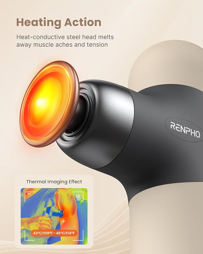 RENPHO Mini Thermal Massage Gun with Heat, Christmas Birthday Gifts for Women Men, Portable Deep Tissue Percussion Massager, Color Silicone Sleeves Travel Size with Carry Case, Grey - Bloomnest