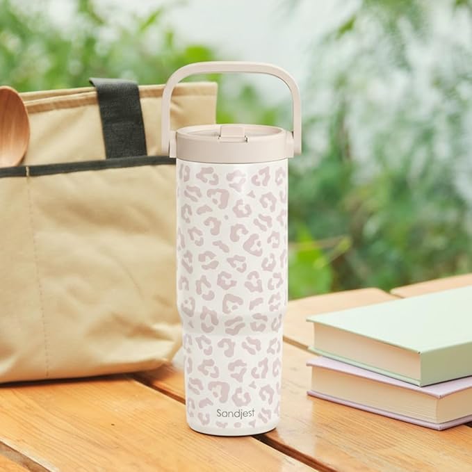 SANDJEST Leopard Skin Stainless Steel Straw Lid Tumbler 30oz with Carry Handle for Women Girls, Insulated Travel Coffee Cup, Gift for Sports Outdoor Workout Christmas Birthday (Beige) - Bloomnest
