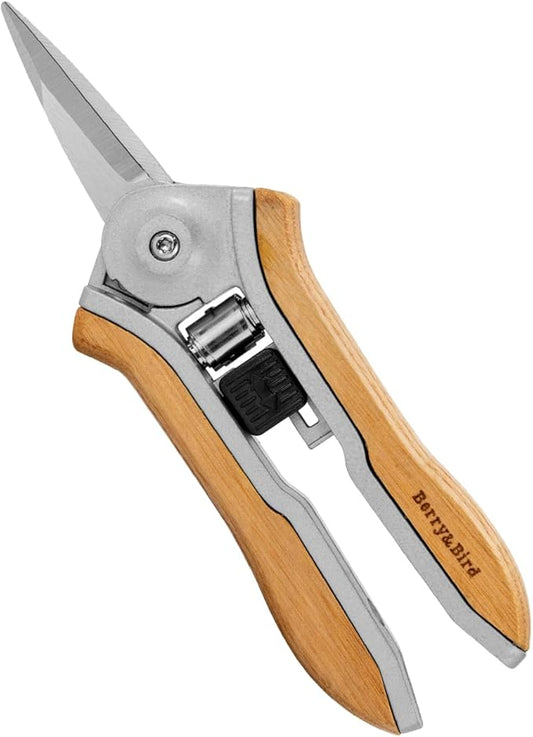 Berry&Bird Mini Pruning Shears for Gardening Straight Blades Hand Pruners with Wooden Handle Garden Scissors Snips Stainless Steel Trimming Small Clippers Bonsai Compact Size Shearing Tool - Bloomnest