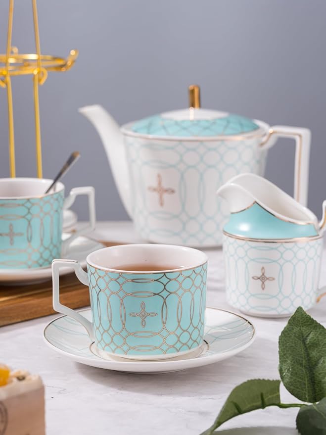 Jusalpha Fine China Blue Coffee Cup/Teacup Set, 8 OZ Cups& Saucer Service for 4, with Teapot-Sugar Bowl-Cream Pitcher Teaspoons and tea strainer for Tea/Coffee, 17-Pieces (Blue) - Bloomnest