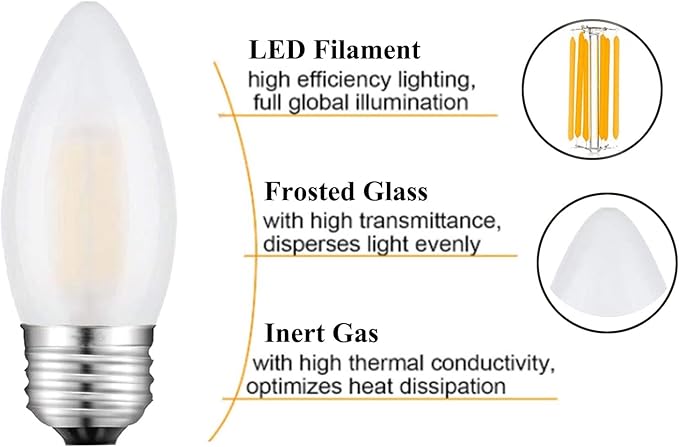 Dimmable 60 Watt Equivalent B11 LED Filament Bulb E26 Candelabra Medium Base 2700K Warm White, Chandelier Decorative Candle Light Bulbs, 6W E26 Frosted Glass LED Edison Bulbs, Pack of 6 - Bloomnest