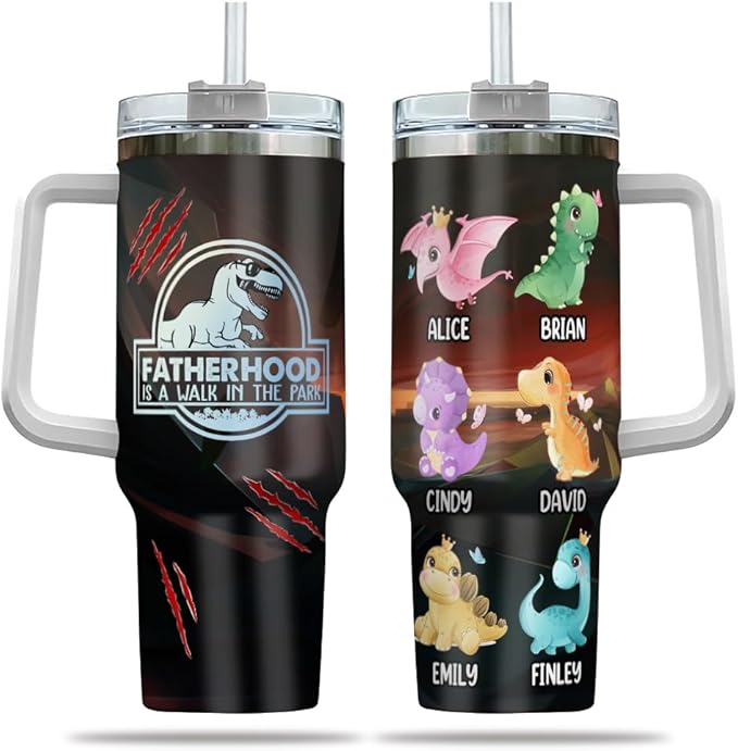 Personalized Dinosaur Dad Tumbler with Handle and Straw, Custom Cute Dino Kids’ Names and Claw Mark Design, Funny Father’s Day Gift for Cool Daddy or Papa - Bloomnest
