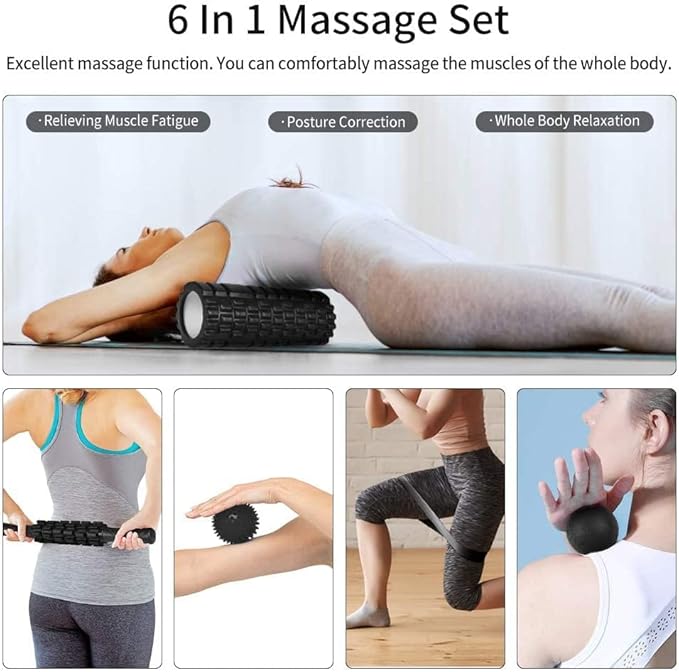 6 in 1 Foam Roller Set Includes Hollow Core Massage Roller, Yoga Stick, Massage Ball, Fitness Stretching Strap, Carrying Bag, Towel, Massage Roller (Black) - Bloomnest