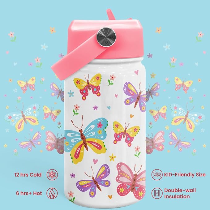 Kids Water Bottle with Straw Lid - 12 Oz Insulated Stainless Steel Water Bottles for Kid Girl- Travel Cup for School Sports - Bloomnest