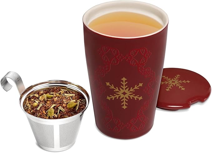 Tea Forte Double-Walled Ceramic Kati Cup, Removable Stainless Steel Infuser Basket and Lid, Steeps 12 oz Loose Leaf Tea, Dishwasher & Microwave Safe, Warming Joy - Bloomnest