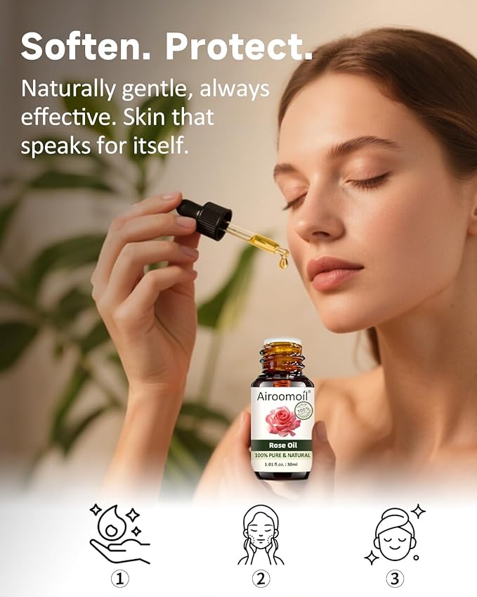 Rose Essential Oil with Glass Dropper - 1 Fl Oz | 30ml, 100% Pure Natural, for Diffusers, Aromatherapy, Skin, Massage, Candle and Soap Making Fragrance Airoomoil