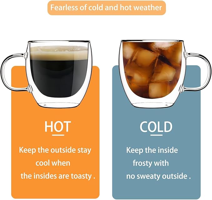 Espresso Cups Set Of 2 8 Oz, Double Walled Glass Coffee Mugs with Handle,Insulated Layer Coffee Cups,Clear Borosilicate Glass Mugs,Perfect for Cappuccino,Tea,Latte,Espresso,Hot Beverage,Wine - Bloomnest