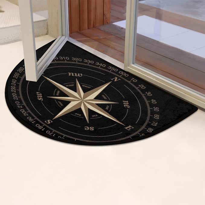 Half Round Door Mat, Compass Rose Non-Slip Half Circle Area Rug Artwork Black Doormat Washable Durable Home Decor Half Moon Rug for Floor Indoor Outdoor Living Room Bedroom Kitchen Patio - Bloomnest