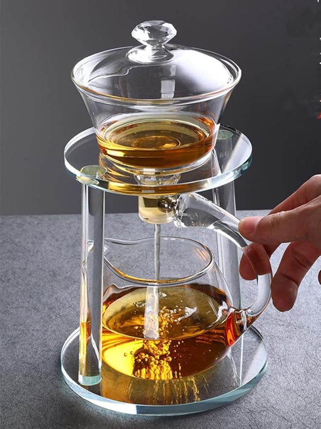 Mozeo Glass Semi-automatic Tea Set Wooden Glass Tea Set Water Diversion Rotating Cover Bowl Lazy Tea Maker Teapot Kungfu Fu teacup (Glass Clear Handle Teapot A)