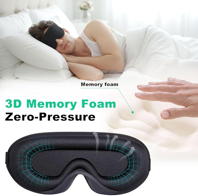 3D Sleep Mask for Side Sleepers, Blackout & Zero Pressure - Breathable Memory Foam, Adjustable Strap - for Travel, Yoga & Meditation Black - Bloomnest