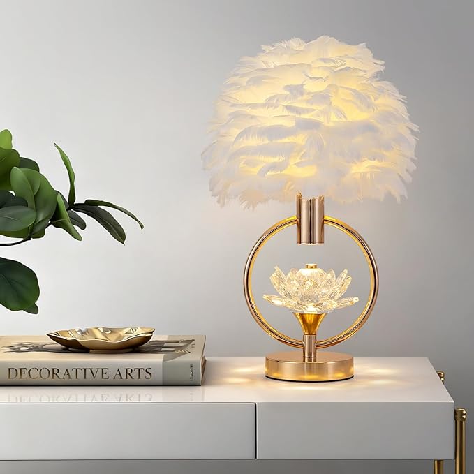 ZYLEIESENBAO Chic White Feather Lamp 17IN Modern Crystal Fluffy Table Lamp Cute Romantic Bedside Nightstand Light Nordic Furry Desk Lamp for Girl Bedroom Living Room Entry Office Hotel Party Wedding - Bloomnest