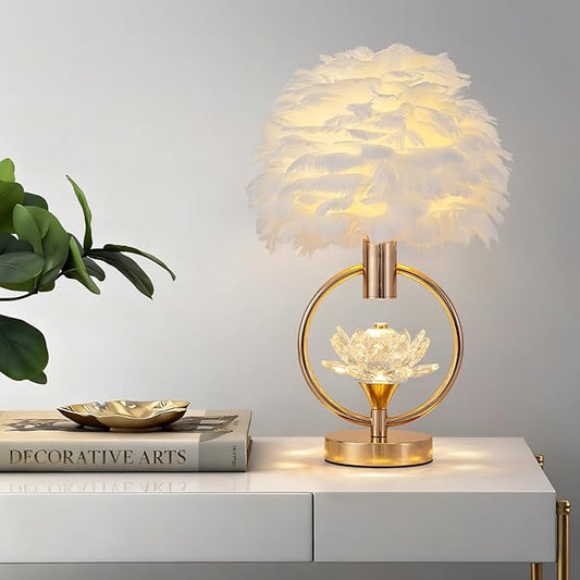 ZYLEIESENBAO Chic White Feather Lamp 17IN Modern Crystal Fluffy Table Lamp Cute Romantic Bedside Nightstand Light Nordic Furry Desk Lamp for Girl Bedroom Living Room Entry Office Hotel Party Wedding - Bloomnest