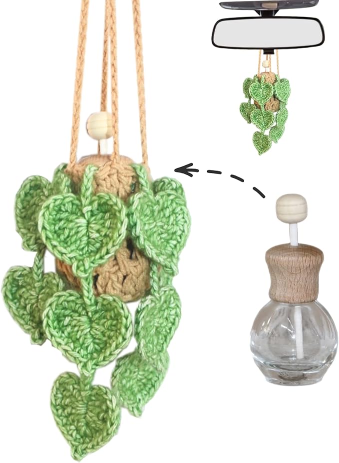 Handmade Crochet Hanging Car Air Freshener- Lifelike Green Pothos for Hanging with 12ml Thick Refillable Glass Diffuser Bottle, Suitable Decor for Car Rearview Mirror, Home & Wellness Spaces - Bloomnest