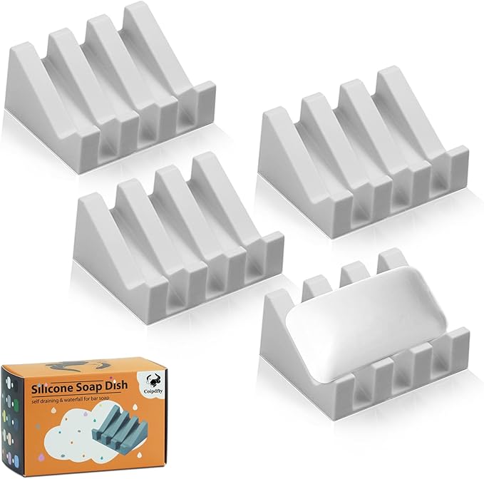 Self Draining Soap Dish Holder,Silicone Soap Dish,for Bathroom,Kitchen, Sponges，Can Extend Soap Life，Keep Soap Bars Dry and Easy Cleaning (Light Grey,4-Pack) - Bloomnest