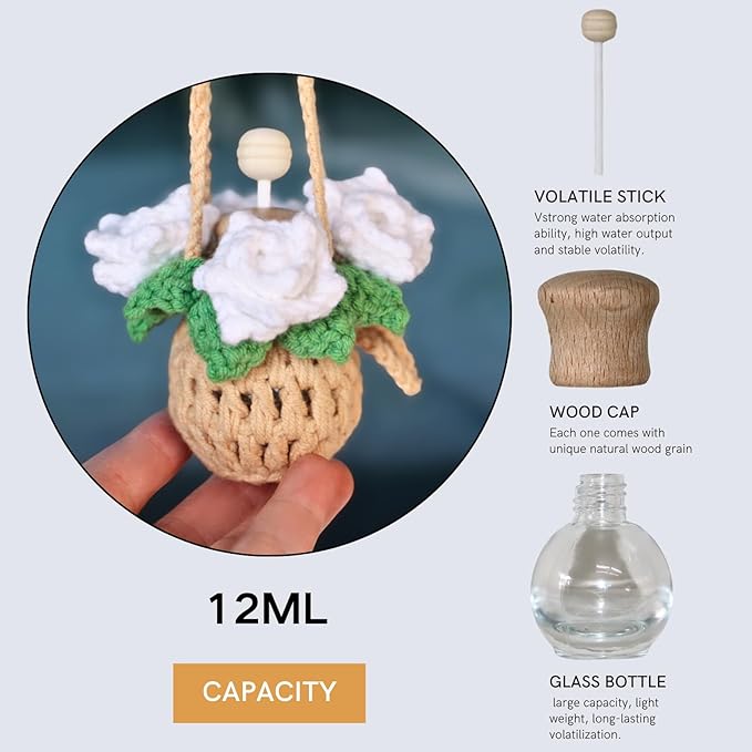 Handmade Crochet Hanging Car Air Freshener - Pure Elegant White Rose Design, 12ml Refillable Thick Glass Bottle, Car Diffuser for Rearview Mirror, Home & Office Minimalist Decor - Bloomnest