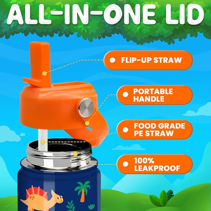 Dinosaur Water Bottle for Boys - Kids Water Bottle with Straw Lid - 12 Oz Insulated Stainless Steel Water Bottles for Kid - Travel Cup for School Sports - Bloomnest