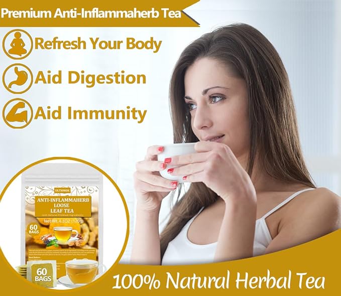 60 Premium Anti-Inflammaherb Tea Bags, Made with 100% Natural Herb Ingredients, Turmeric, Ginger, Ceylon Cinnamon, Peppermint, Black Pepper, No Additives & Caffeine Free. - Bloomnest