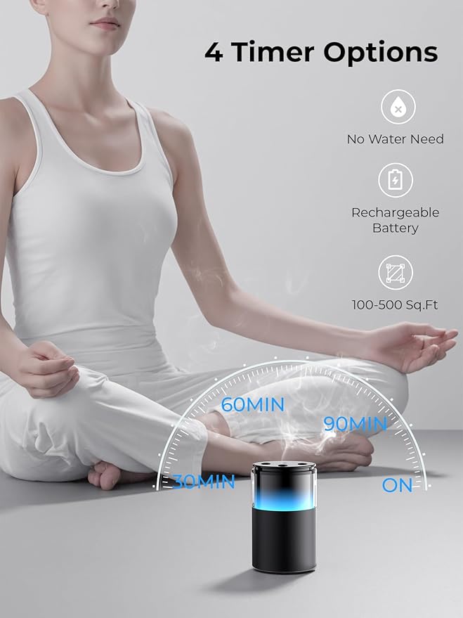 Waterless Diffuser for Essential Oil: Mini Battery Scent Diffuser for Room&Home&Car with 9 Colors LED Light - Aroma Cool Mist Machine Purple Black - Bloomnest
