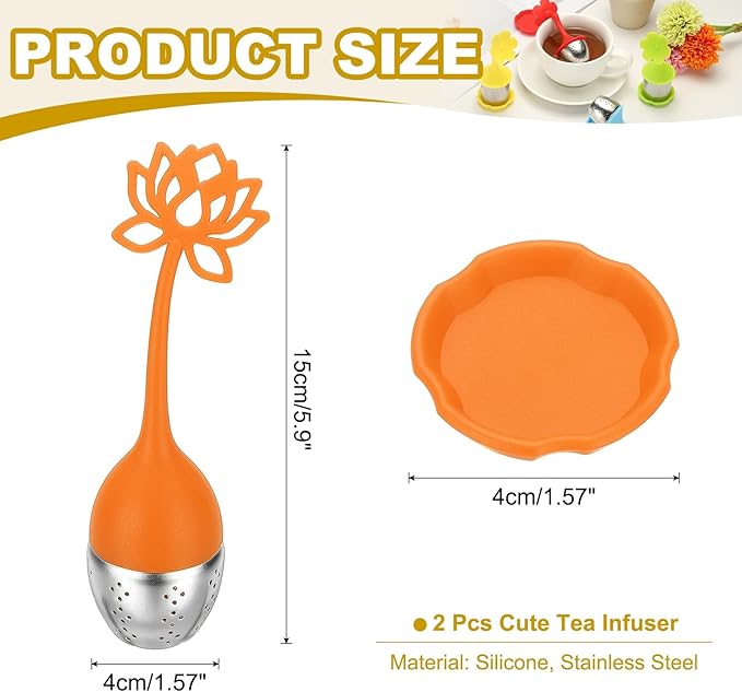 uxcell 2 Pcs Lotus Tea Infuser, Stainless Steel Loose Leaf Tea Steeper Filter with Silicone Handle Reusable Coarse Pores Mesh Strainer Diffuser for Teacups Teapots Mugs, Orange - Bloomnest