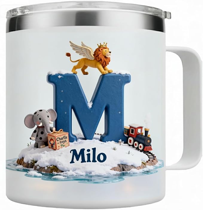 Personalized Kids Hot Chocolate Mug with Custom Name, Magical Lion & Train Christmas Tumbler for Boys & Girls - 14oz Insulated Stainless Steel Cup with Handle & Lid, Unique Holiday (B66) - Bloomnest