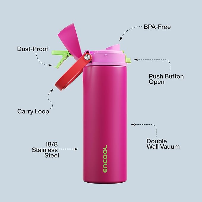 Insulated Water Bottle with Straw - Encool Stainless Steel Water Bottle with Push Button Lid, Leak-Proof & BPA-Free, Keeps Cold for 24 Hours for Sports, Travel, Gym (24 oz, Cerise Pink) ENCOOL