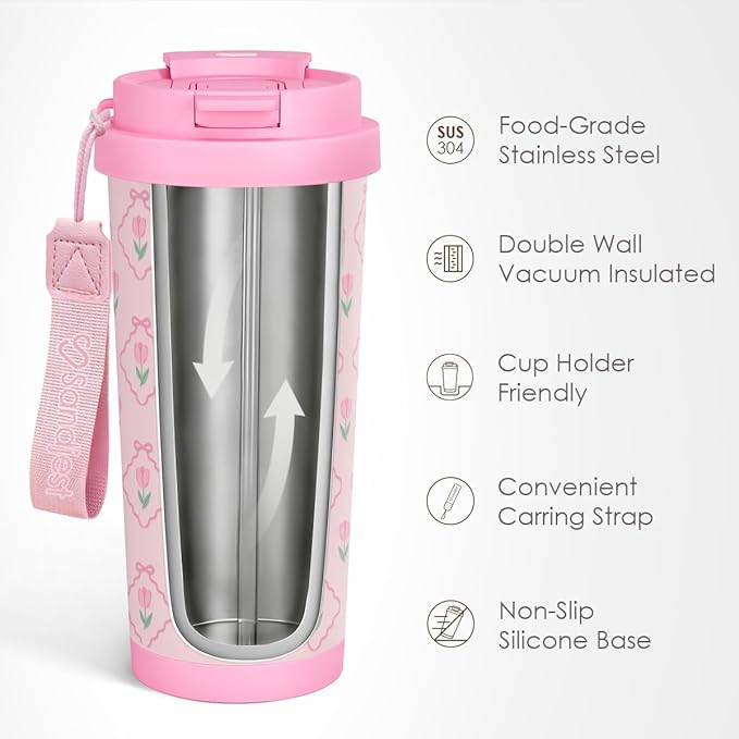 Tulip Tumbler - Stainless Steel 2-in-1 Lid Coffee Tumbler 18 oz, Insulated Travel Mug Gift for Women Girls Teen Mother, Birthday Christmas - Bloomnest