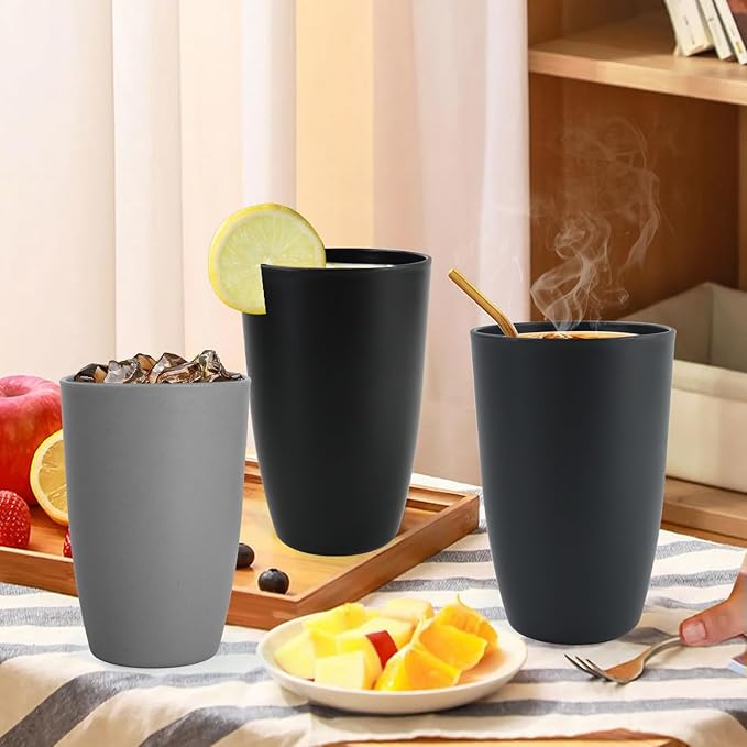 Wheat Straw Cups 20 OZ Set of 6, Unbreakable Drinking Cup Reusable, Alternative to Plastic Cups Reusable, Kitchen Water Tumblers Dishwasher and Microwave Safe (Black, Grey) - Bloomnest