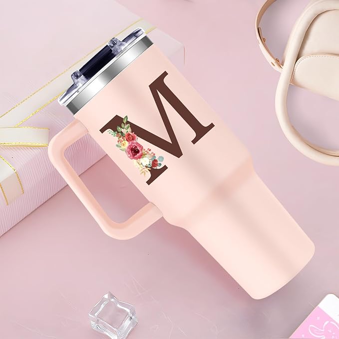 Monogrammed 40oz Tumbler with Handle for Women, Personalized Birthday Gifts for Women,Initial Cups for Woman Floral Letter M,Customized Gifts for Female Lady Gift for Mothers Day Christmas - Bloomnest