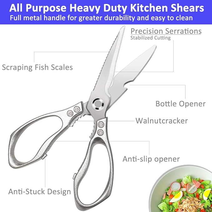 All Purpose Heavy Duty Shears, 2-Pack Kitchen Scissors for Food, Metal Handle Stainless Steel Cooking Scissors for Kitchen, Chicken, Fish, Meat, Poultry, Herbs (Silver) - Bloomnest