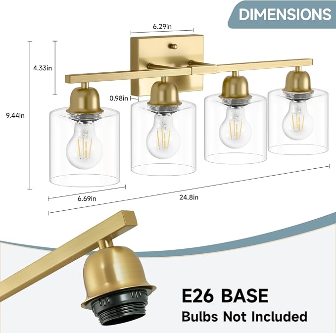 Modern Brushed Gold 4 Light Bathroom Light Fixtures, 24 inch Vanity Lights for Bathroom with Clear Glass for Mirror Kitchen Living Room Hallway Cabinet Porch - Bloomnest