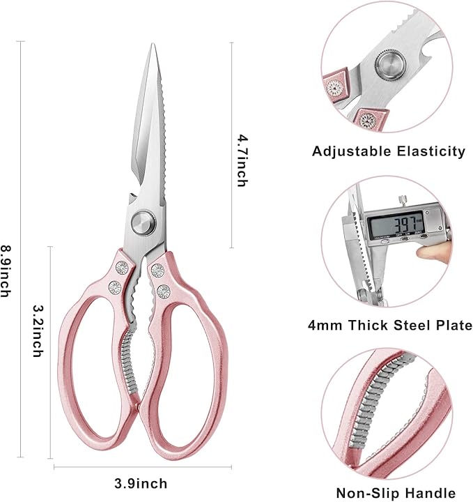 AWinjoy Kitchen Scissors, Heavy Duty Sharp Shears Dishwasher Safe, Rose Gold Cooking Accessories for Meat, Chicken, Fish, Poultry, Herb, Bread - Bloomnest