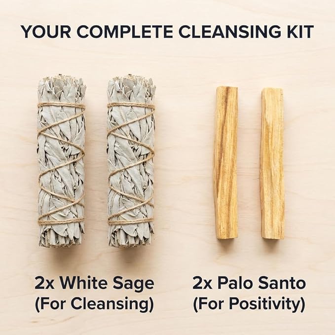 New Age Smudges and Herbs Smudge Kit - 2 California White Sage Smudge Stick for Cleansing (Salvia Apiana) with 2 Palo Santo Incense Sticks (Holy Wood) - Sage Bundles …