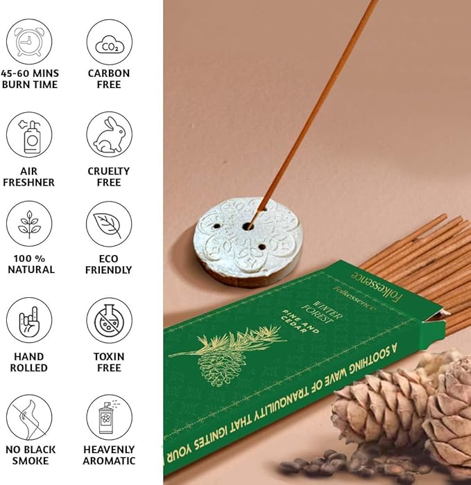 Folkulture Incense Sticks | Set of 120 Insence-Sticks with Holder for Relaxation |Pine & Cedar Incense| Organic, Slow Burning & Non Toxic Inscents | Luxe Woody Fragrances for Meditation