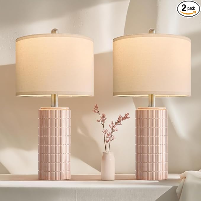 PoKat 23" Pink Ceramic Table Lamps Set of 2, Modern Bedroom Lamps for Girls Room, Bedside Lamps for Night Stands, Cute Lamps for Living Room Decor, Nightstands Desk Lamp, Pink - Bloomnest