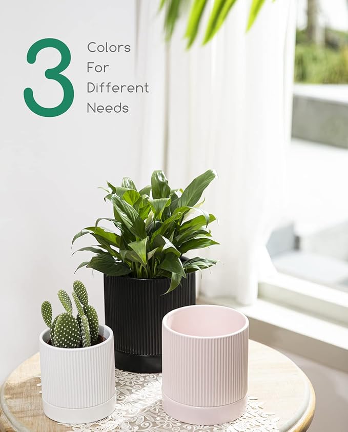 LaDoVita 3 Pack Ceramic Plant Pots 6/5/4 inch, Flowerpot for Indoor Plants with Drainage Holes and Tray, Outdoor Garden Planters, Modern Decorative for Home, Black Vertical Stripes - Bloomnest