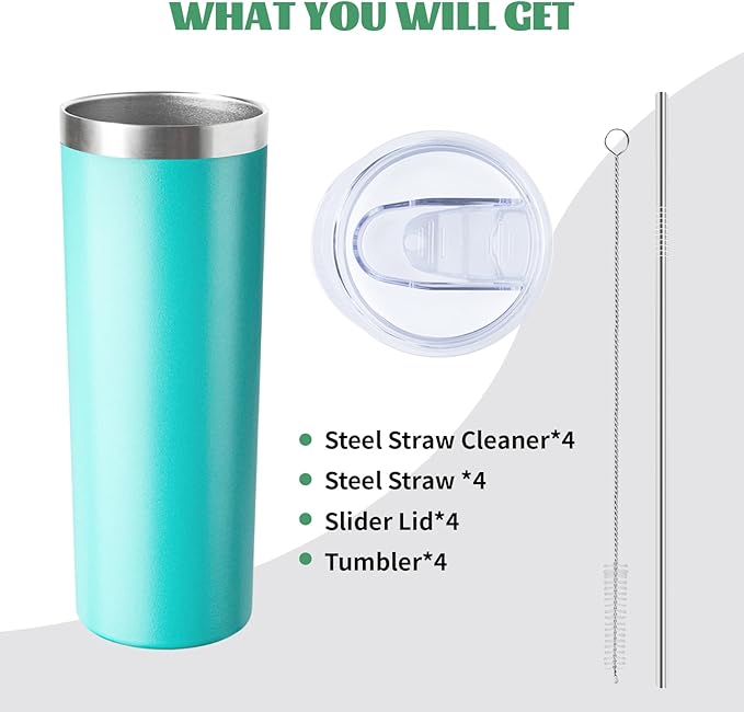 20 oz Skinny Tumbler with Lid and Straw,Stainless Steel Vacuum Insulated Tumbler Cup Double Wall Leak-proof Coffee Mug,Travel Thermal Water Tumbler for Home,Office,Outdoor(Teal,4) - Bloomnest
