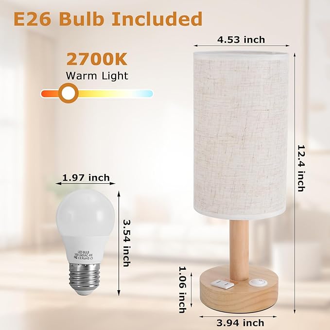 Small Bedside Table Lamp with AC Outlet, Natural Wood Base & Linen Shade, Mini Cute Cozy Warm White Nightstand Boho Lamp, Study Desk Night Stand Light for Bedroom, Kitchen, Nursery, Living Room - Bloomnest