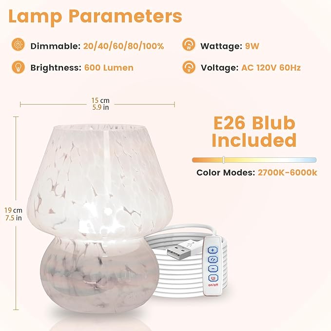 USB Plug-in Mushroom Lamp Small Bedside Table Lamp with 3 Temperature LED Bulb, Free Dimming Nights Light for Bedroom/Living Room/Entryway/Corner Decor or New Home Gift(Rainbow White) - Bloomnest