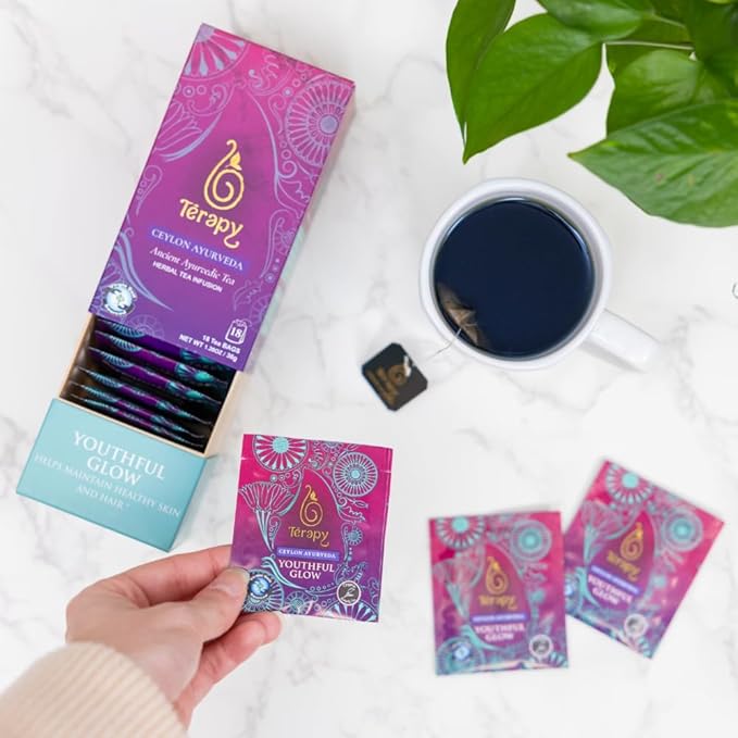 Térapy Ceylon Youthful Glow Herbal Tea Bags | Helps Maintain Healthy Skin and Hair | 100% Natural Blue Butterfly Peas, Licorice Root, Green Tea & More | Individually Wrapped Organic Tea Bags |18 Count - Bloomnest