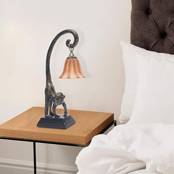 Eapmic Table Lamp, Resin Monkey Desk Lamp, Retro Bedside Light Animal Table Lamp with Trumpet Shade, Monkey Light for Bedroom Living Room Kids Room Office Home Decoration (Style 1) - Bloomnest