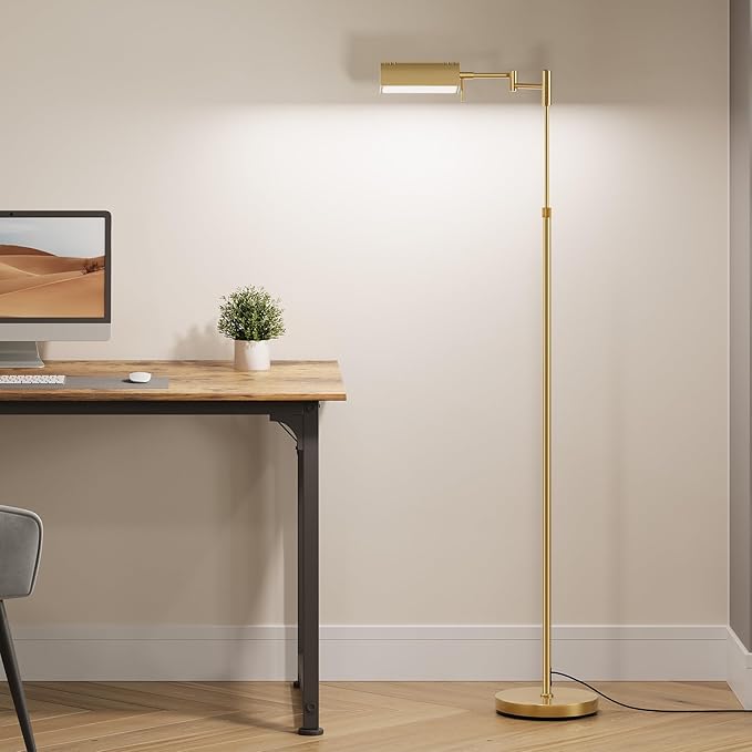 SUNMORY Dimmable LED Pharmacy Floor Lamp, 16W/1500LM Bright Reading Floor Lamp with Remote & Touch Control, 350°Swing Arm, Adjustable Task Craft Standing Lamp for Living Room Bedroom Office, Gold - Bloomnest